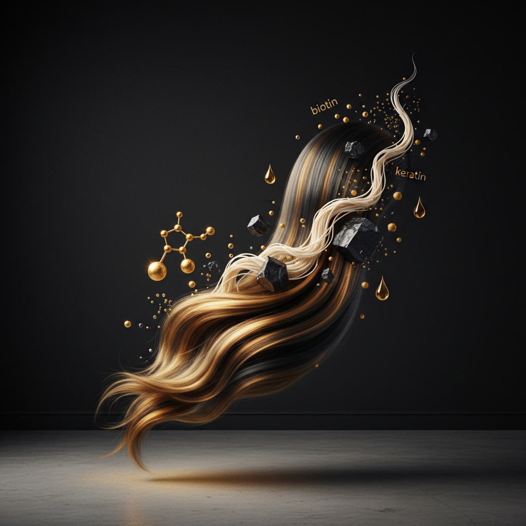 Assortment of natural botanical extracts and cosmetic active ingredients representing the best ingredients for hair strength