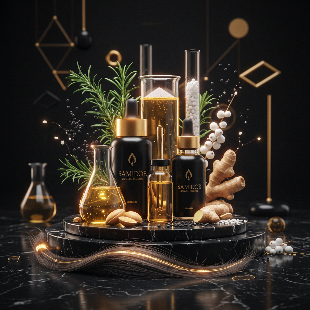 A flat lay of natural botanicals and the best ingredients for thinning hair in small glass droppers