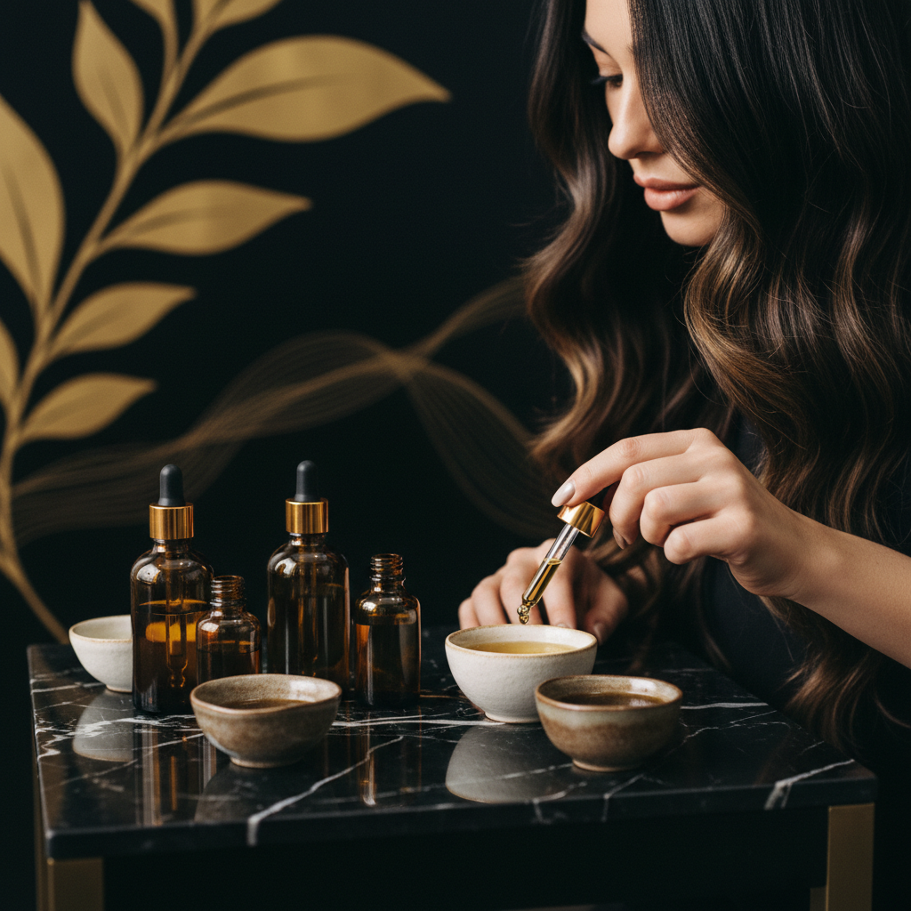 A selection of the Best Oils for Hair Growth displayed in glass dropper bottles on a wooden surface.