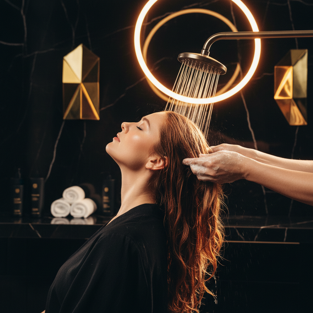 Stylist demonstrating the Best Practices for Washing Colour Treated Hair using gentle lukewarm water in a salon basin