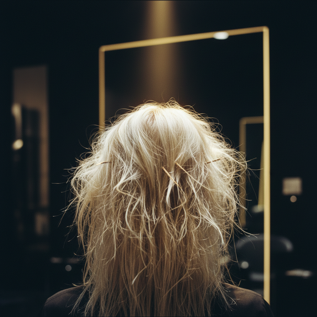 Stylist assessing bleach hair damage on dry, split blonde hair strands in a salon