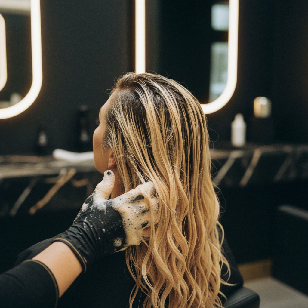 Stylist preparing a diluted lightening mixture for a Bleach Wash Hair Guide tutorial