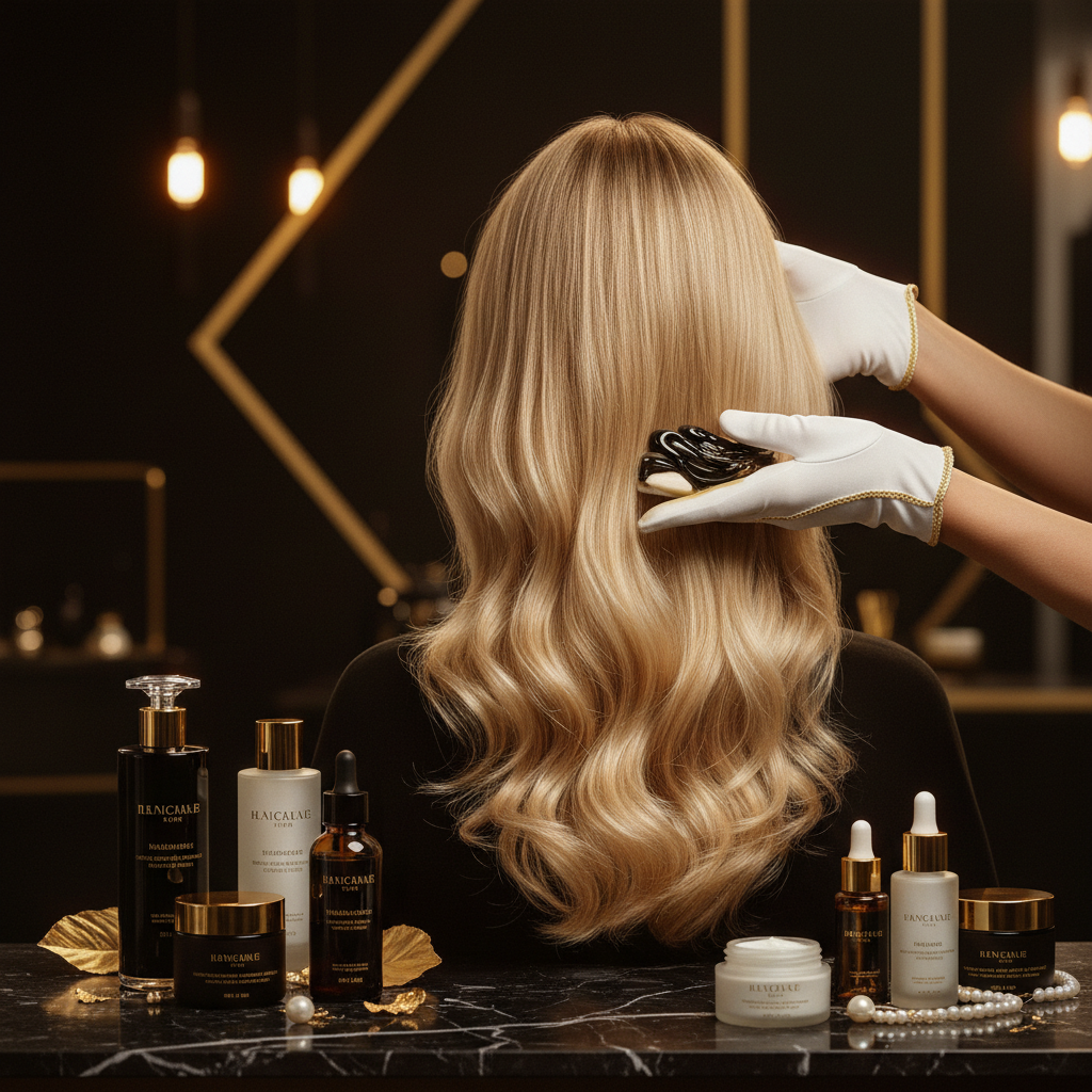 Stylist examining blonde strands demonstrating practical bleached hair recovery and care techniques in a salon