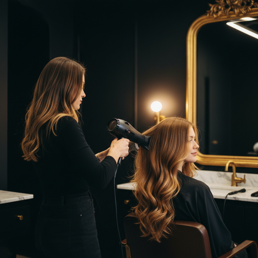 Stylist applying controlled blow drying techniques with a round brush and concentrator nozzle