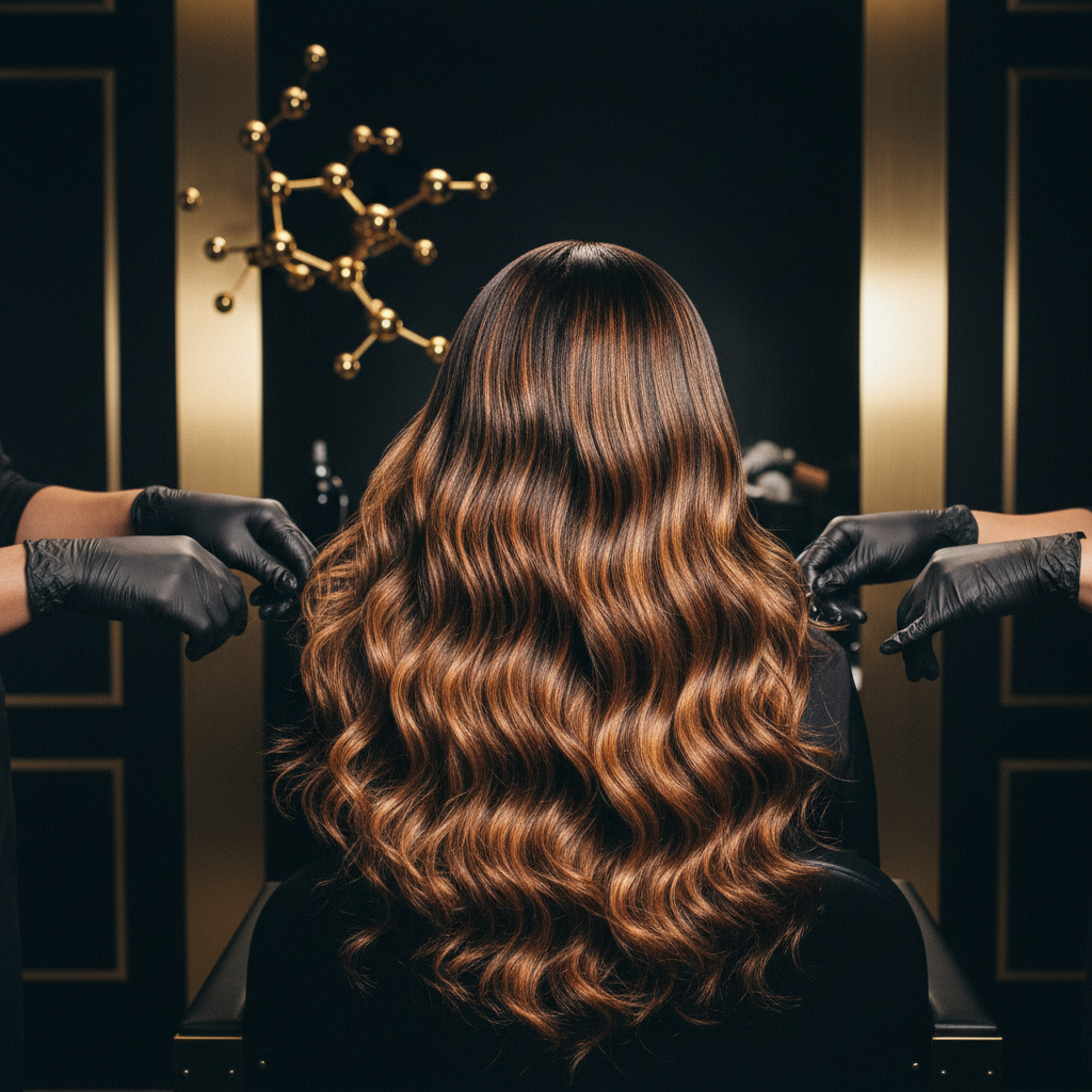 Stylist demonstrating how to care for chemically treated hair by applying deep conditioning treatment in salon