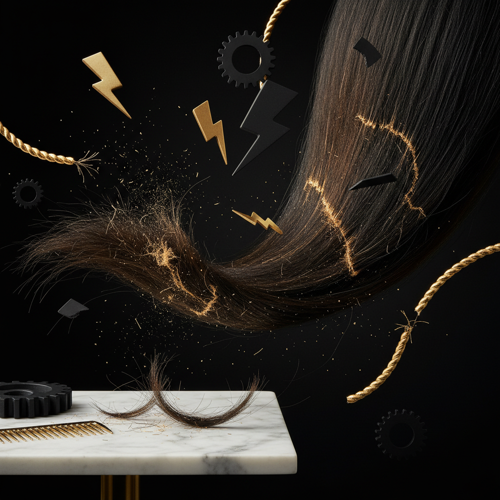 Close up of split ends showing causes of hair breakage and fibre snapping on a single strand