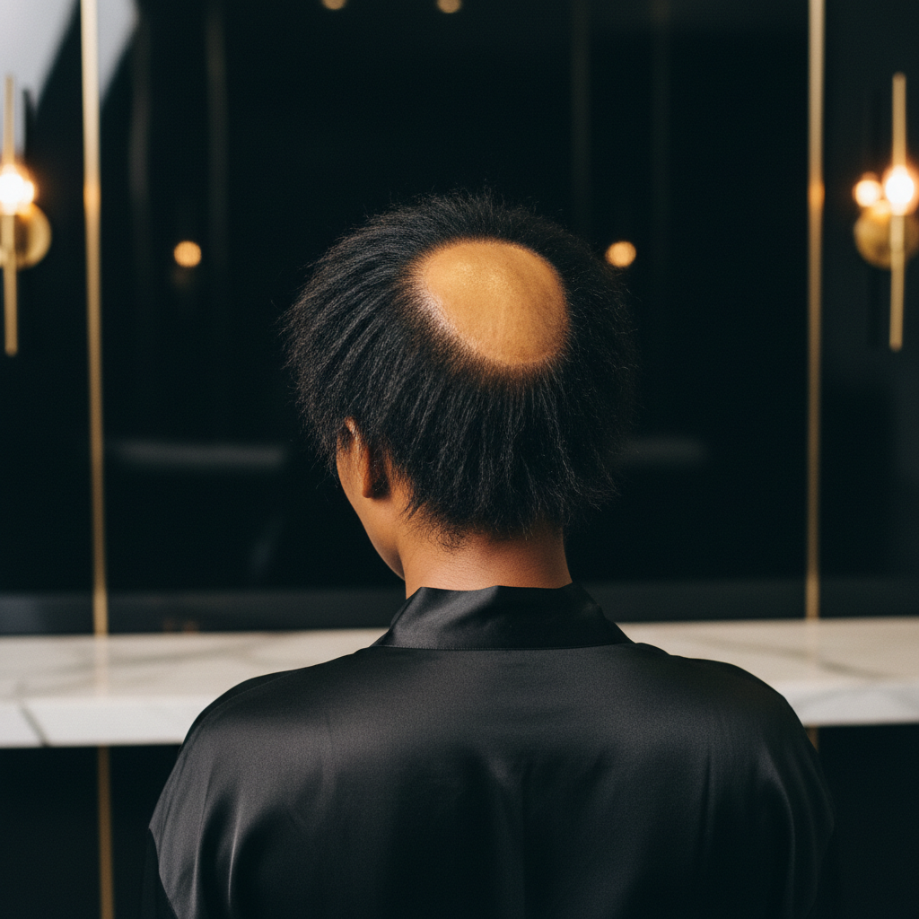 Dermatologist examining crown of scalp affected by Central Centrifugal Cicatricial Alopecia using dermoscopy tool
