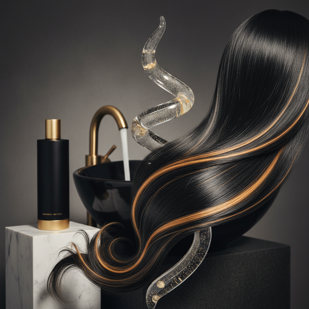 Bottle of chelating shampoo for hair held under running tap water in modern bathroom