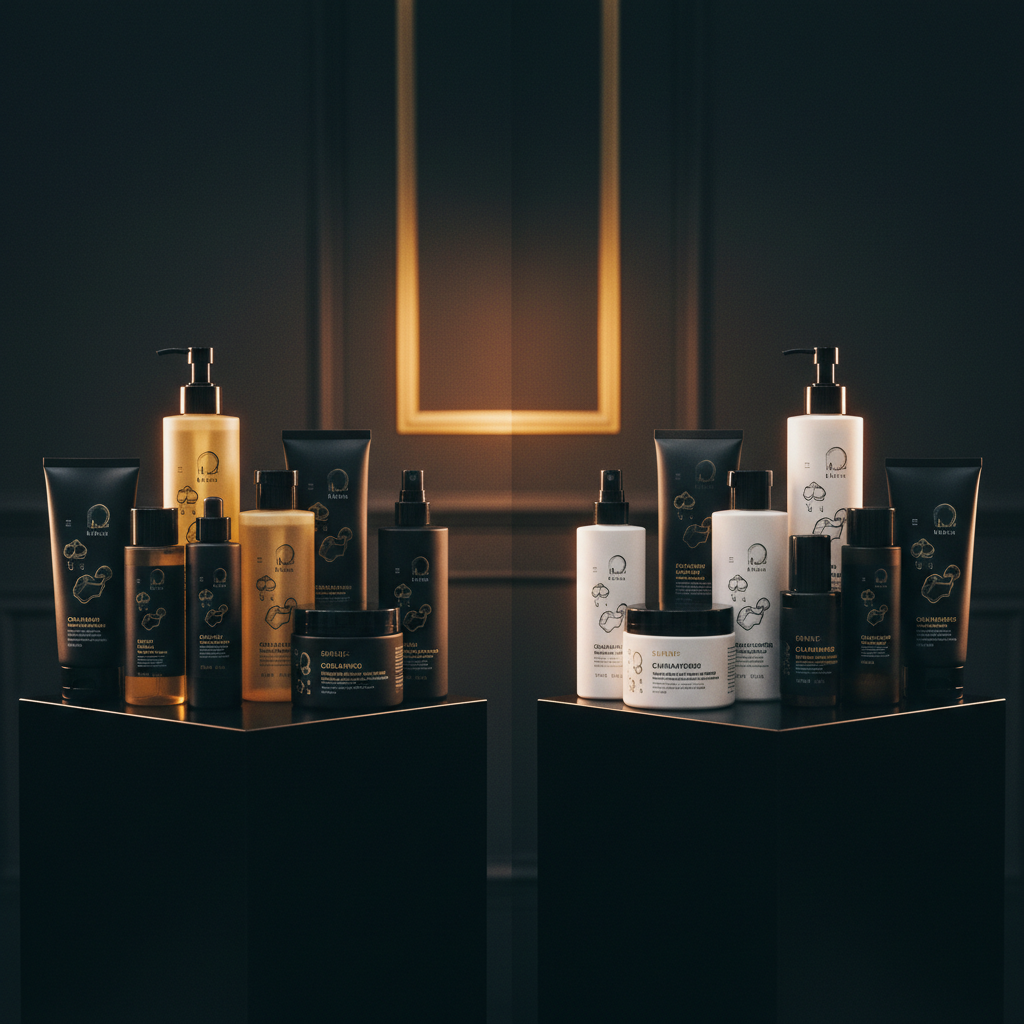 Bottles of chelating shampoo vs clarifying shampoo placed on a clean salon washbasin shelf