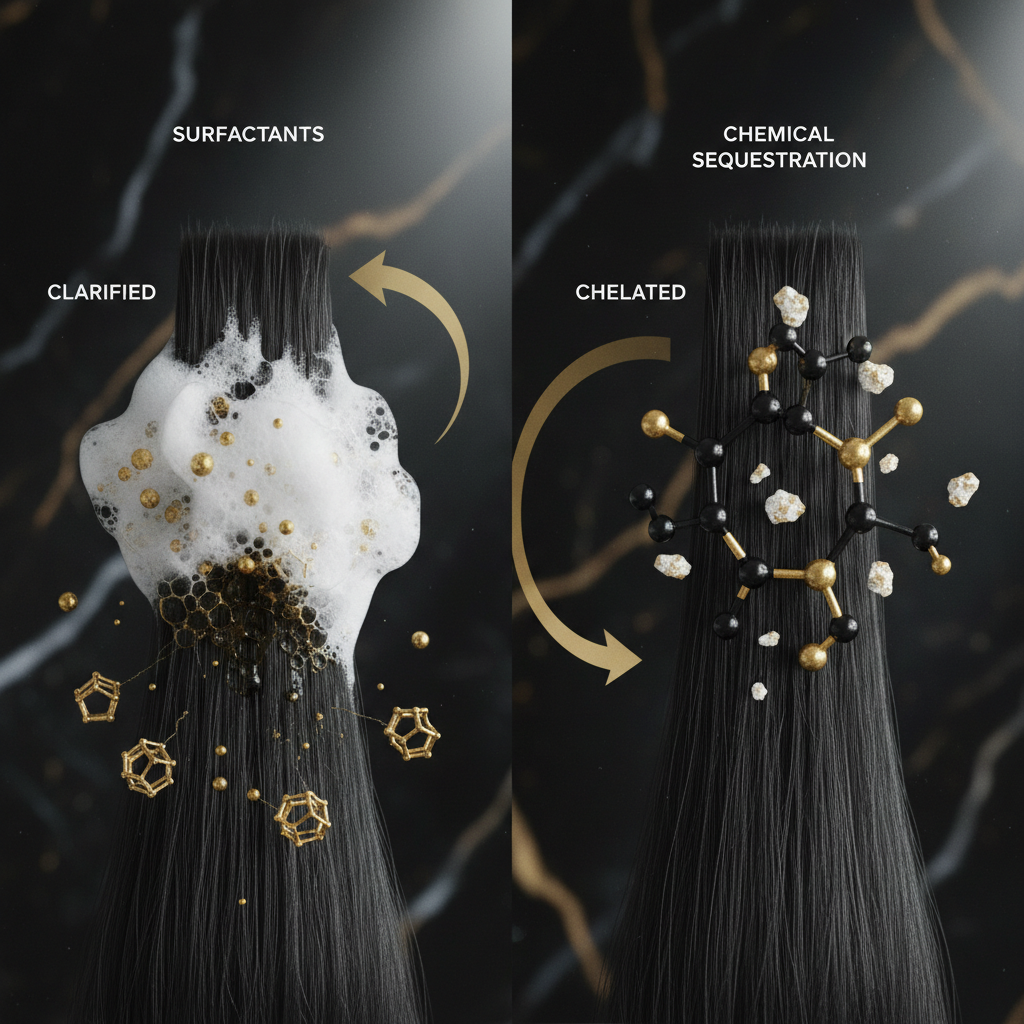 The mechanism: surfactants versus chemical sequestration in the context of Chelating Shampoo vs Clarifying Shampoo