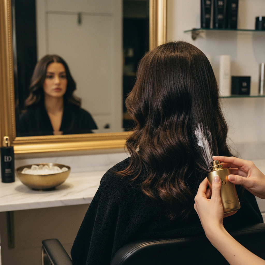 Professional stylist administering continuous water irrigation as Chemical Burn First Aid for Hair over a salon sink.