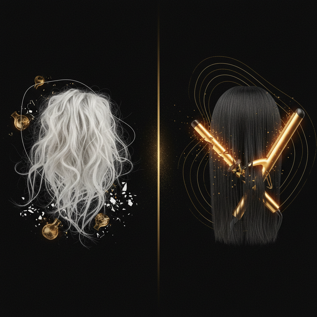 Close-up comparison showing chemical damage vs heat damage on stressed hair fibre strands