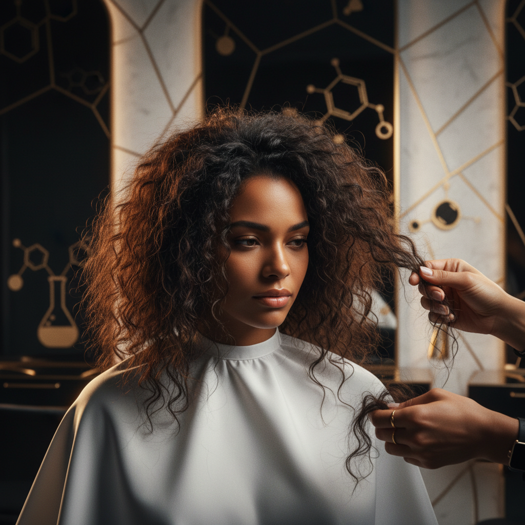 Stylist applying chemical hair straightening product to hair, highlighting chemical hair straightening risks and safety