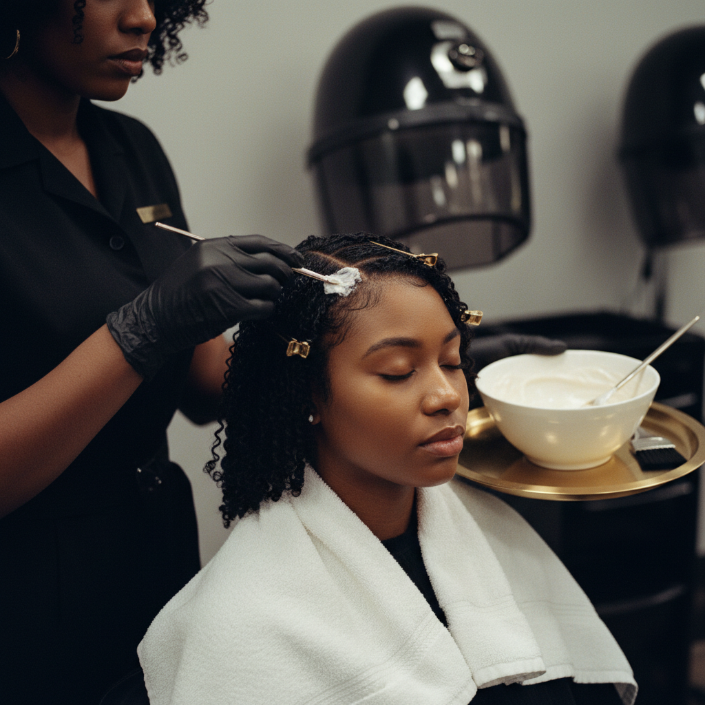 Stylist applying protective base cream to a client's scalp demonstrating Chemical Relaxer Safety