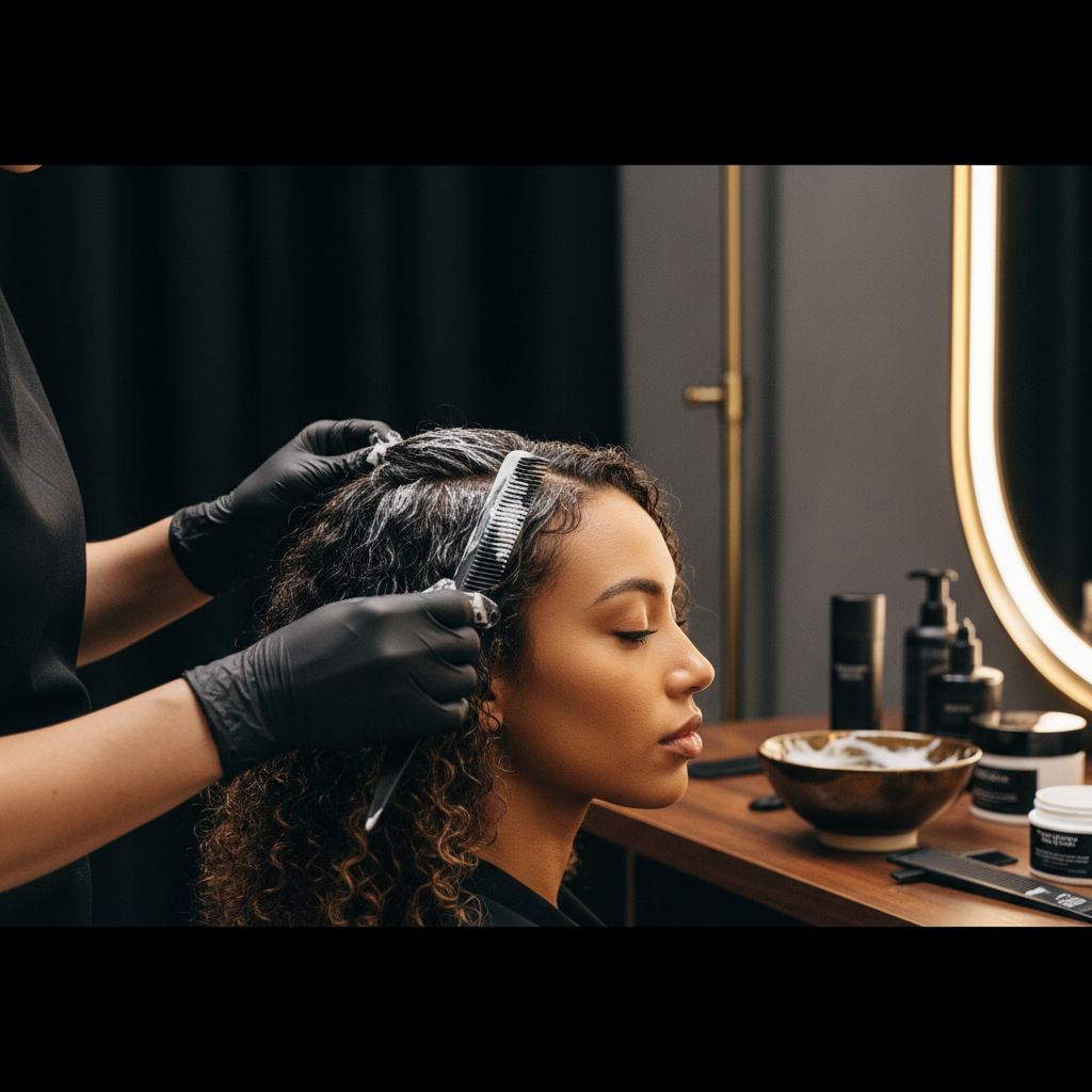 Professional stylist applying base cream for Chemical Relaxers and Scalp Safety on client.