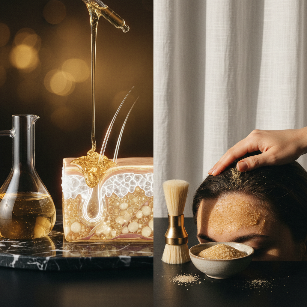 Chemical vs Physical Scalp Exfoliation comparison showing exfoliating acid dropper and a natural particle scrub
