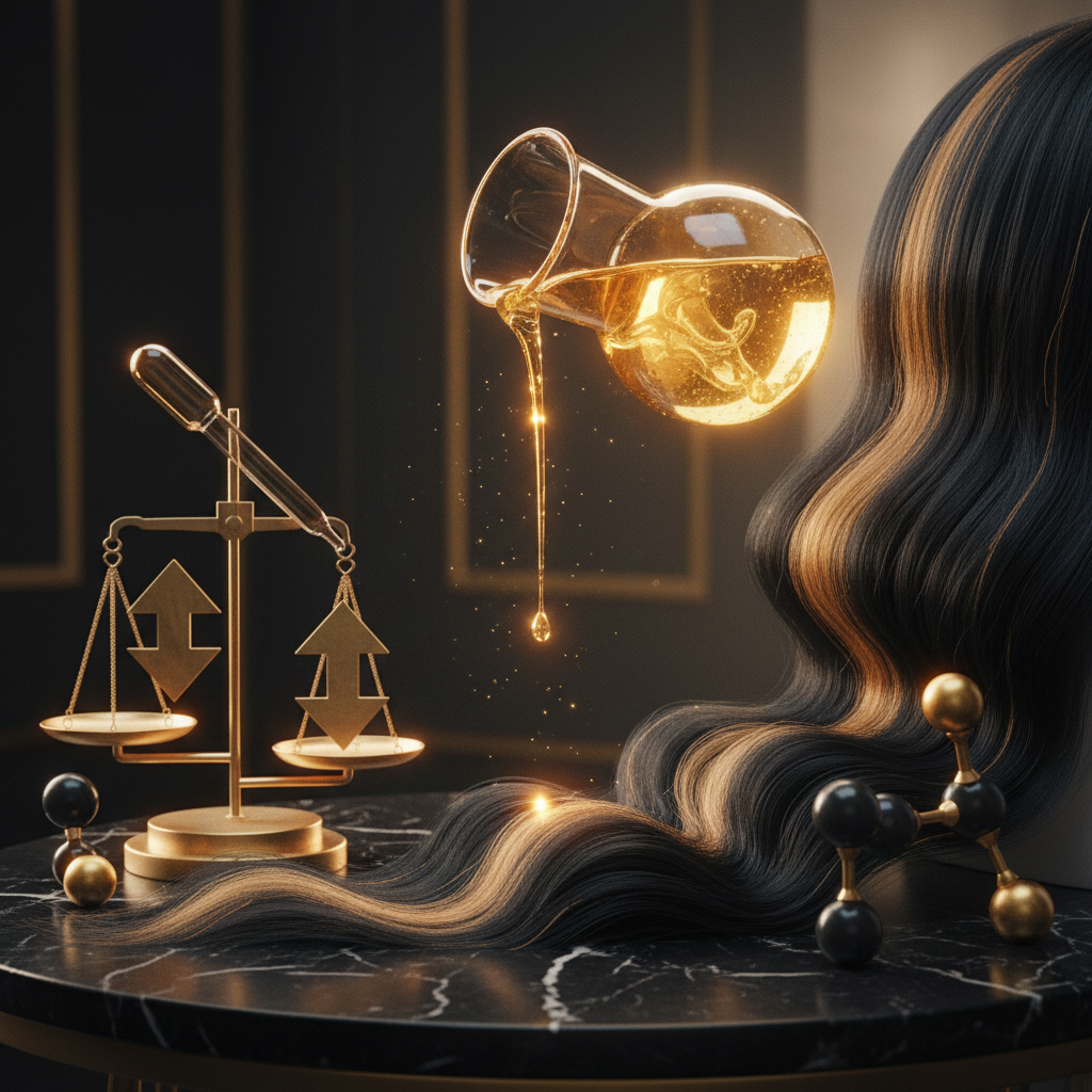 A laboratory beaker and scientific pH strip testing haircare liquid demonstrating the chemistry of hair pH