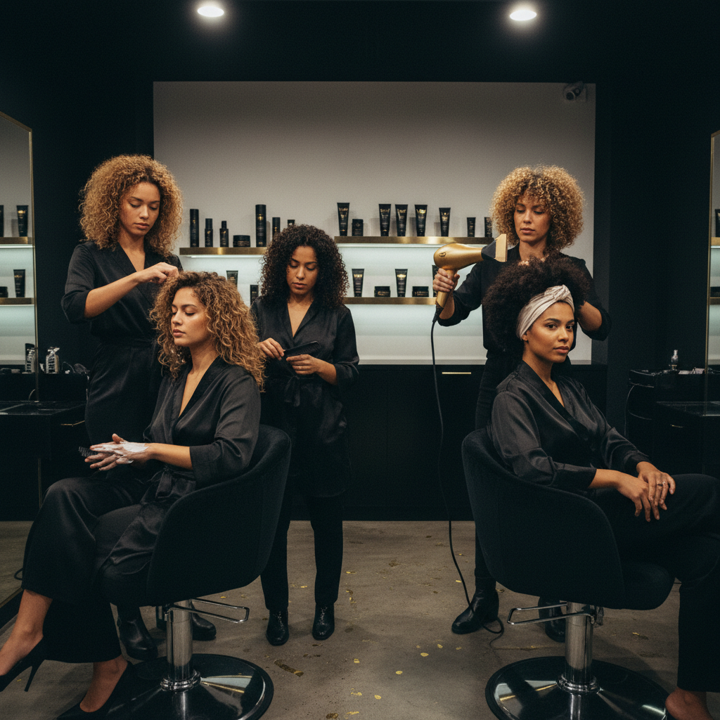 A woman with defined spiral curls detangling her hair as part of a Curly Hair Routine