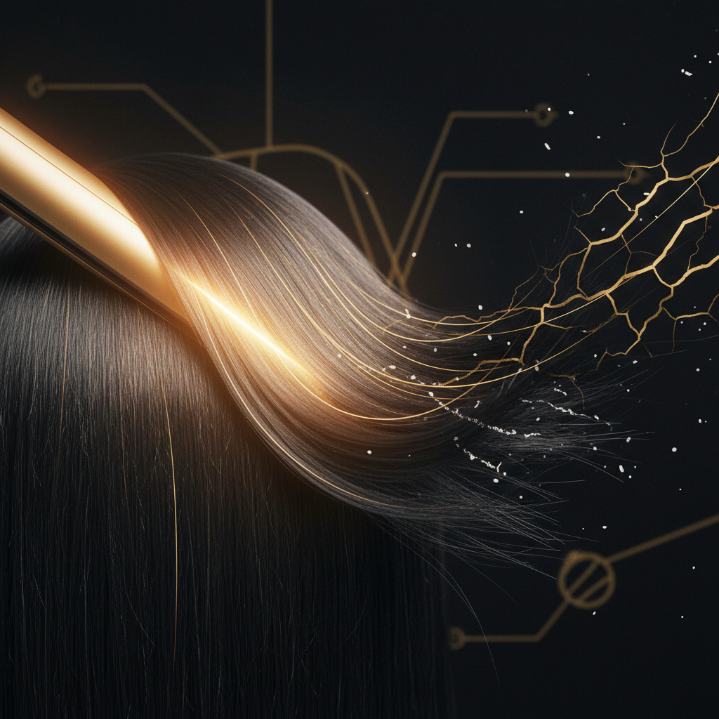 Microscopic view of hair fibre cuticle health and heat damage with cracked keratin scales