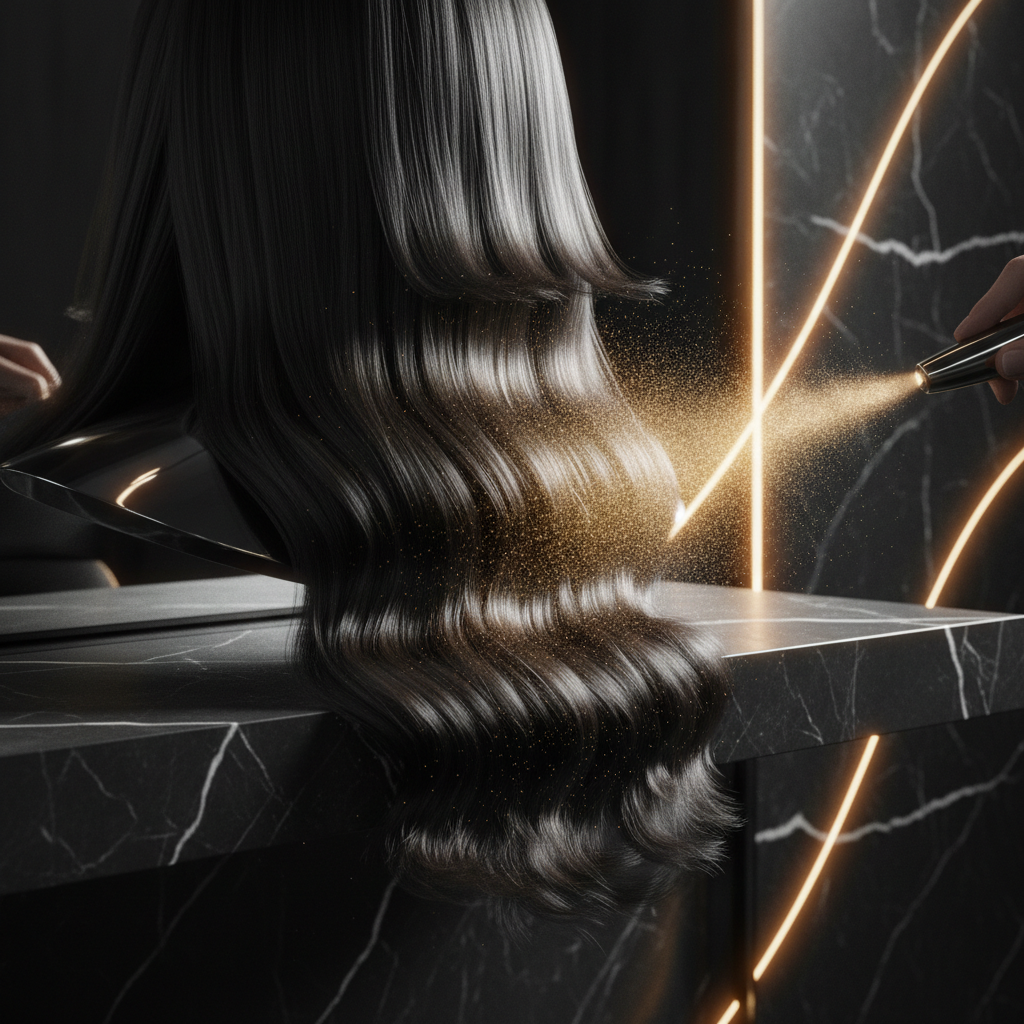 Close up of hair strands illustrating cuticle porosity and hair health under studio lighting