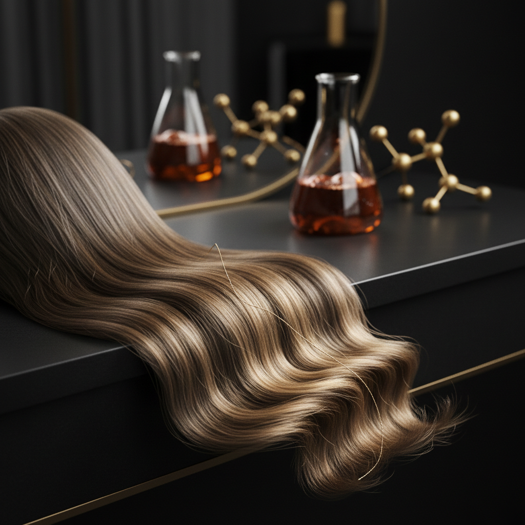 Close-up of hair strands undergoing damaged hair repair treatment in a professional salon environment