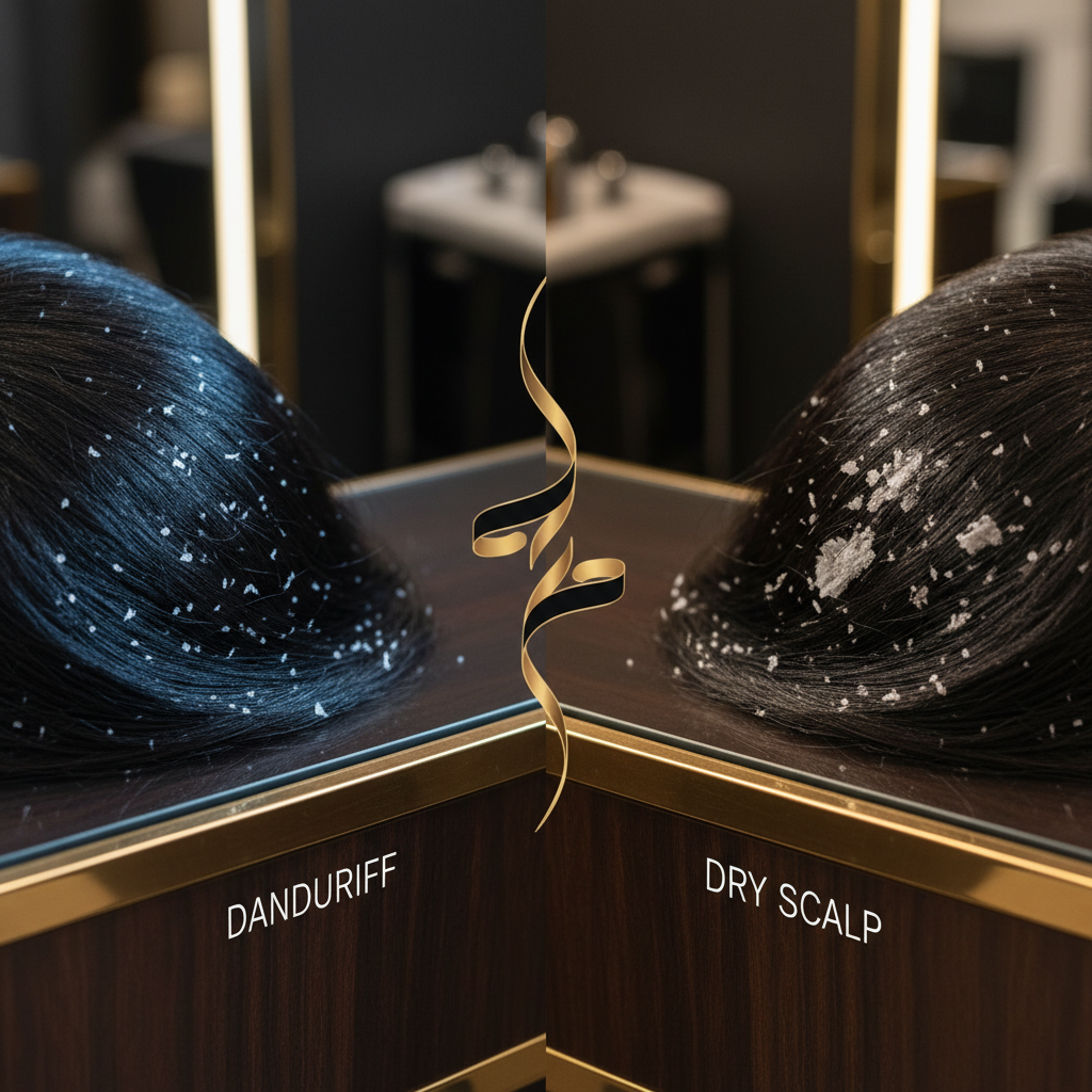 Close up of a stylist inspecting hair parting illustrating Dandruff vs Dry Scalp characteristics