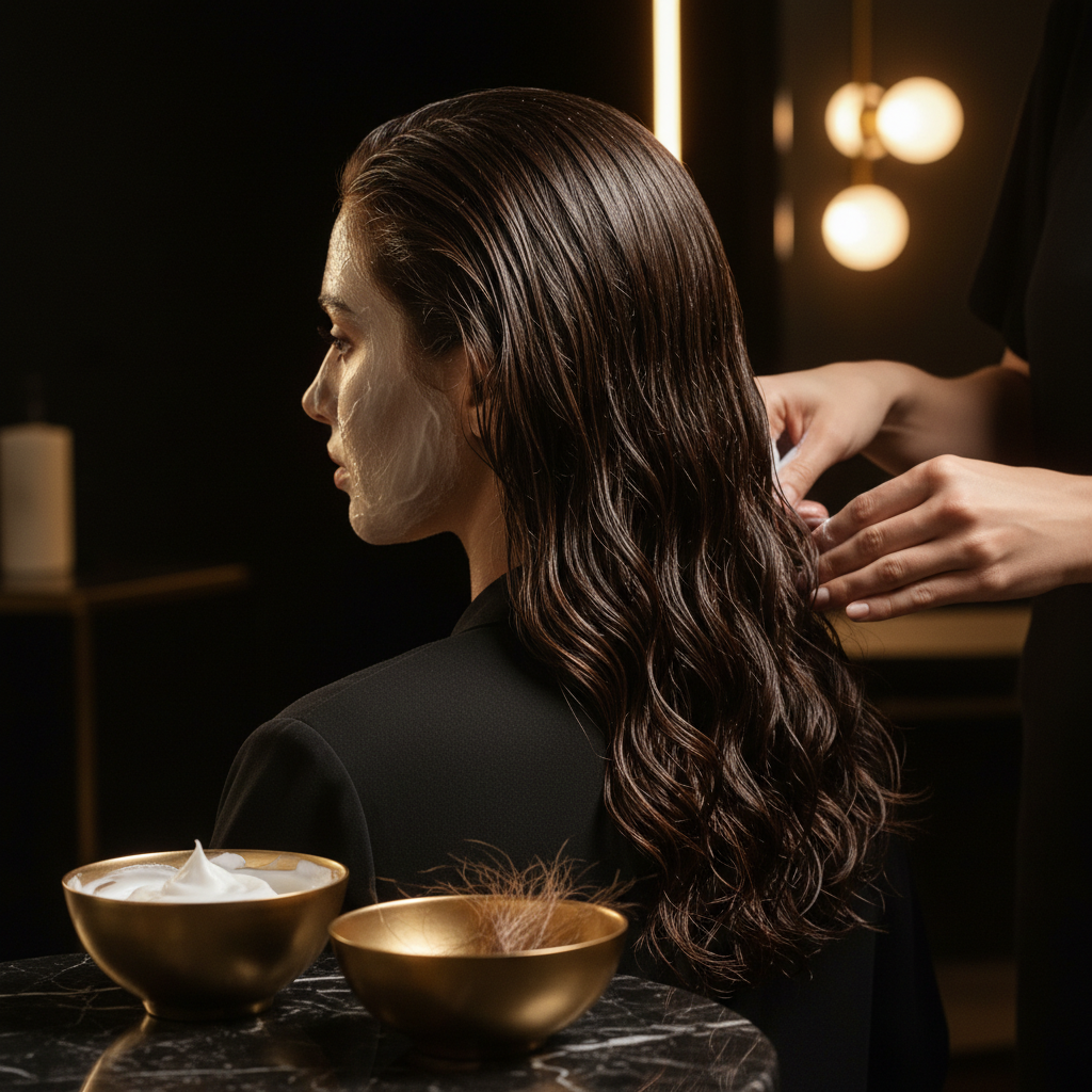 A person applying a thick, creamy deep conditioning treatment to the mid-lengths and ends of their damaged hair, illustrating Deep Conditioning for Damaged Hair