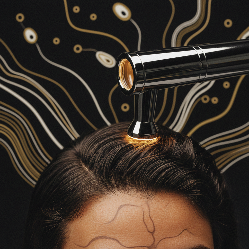 Specialist performing dermoscopy of the hair and scalp using a digital polarised trichoscope
