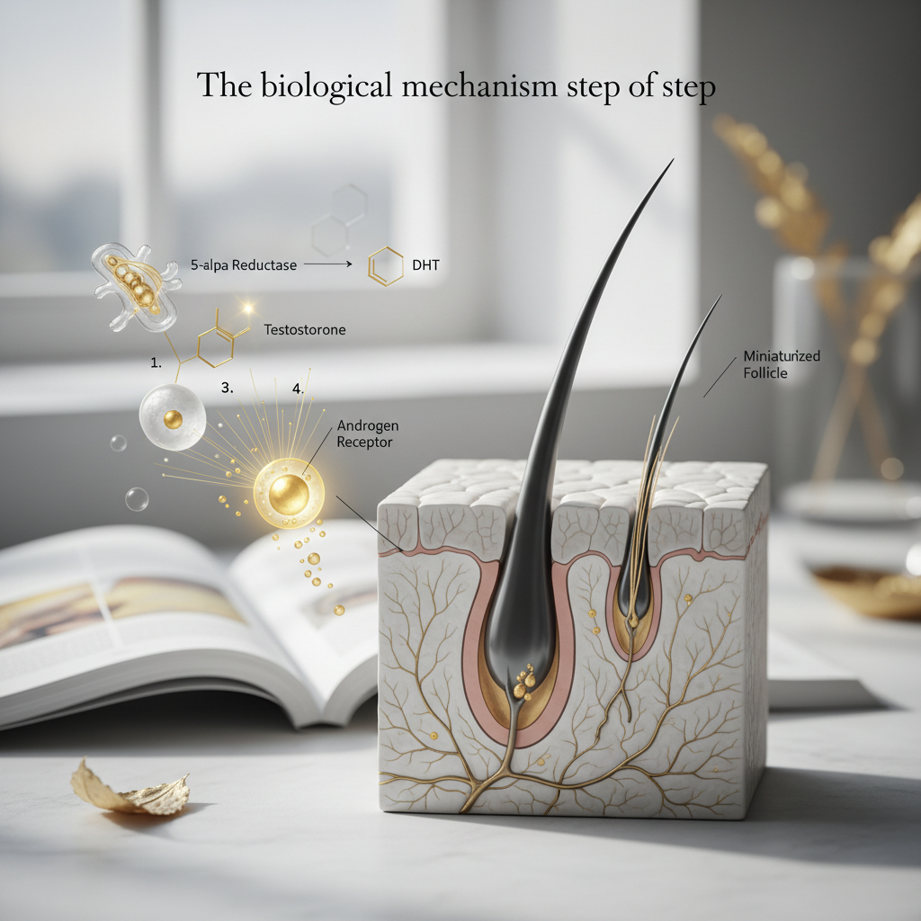 The biological mechanism step by step in the context of The Role of DHT in Follicle Miniaturisation