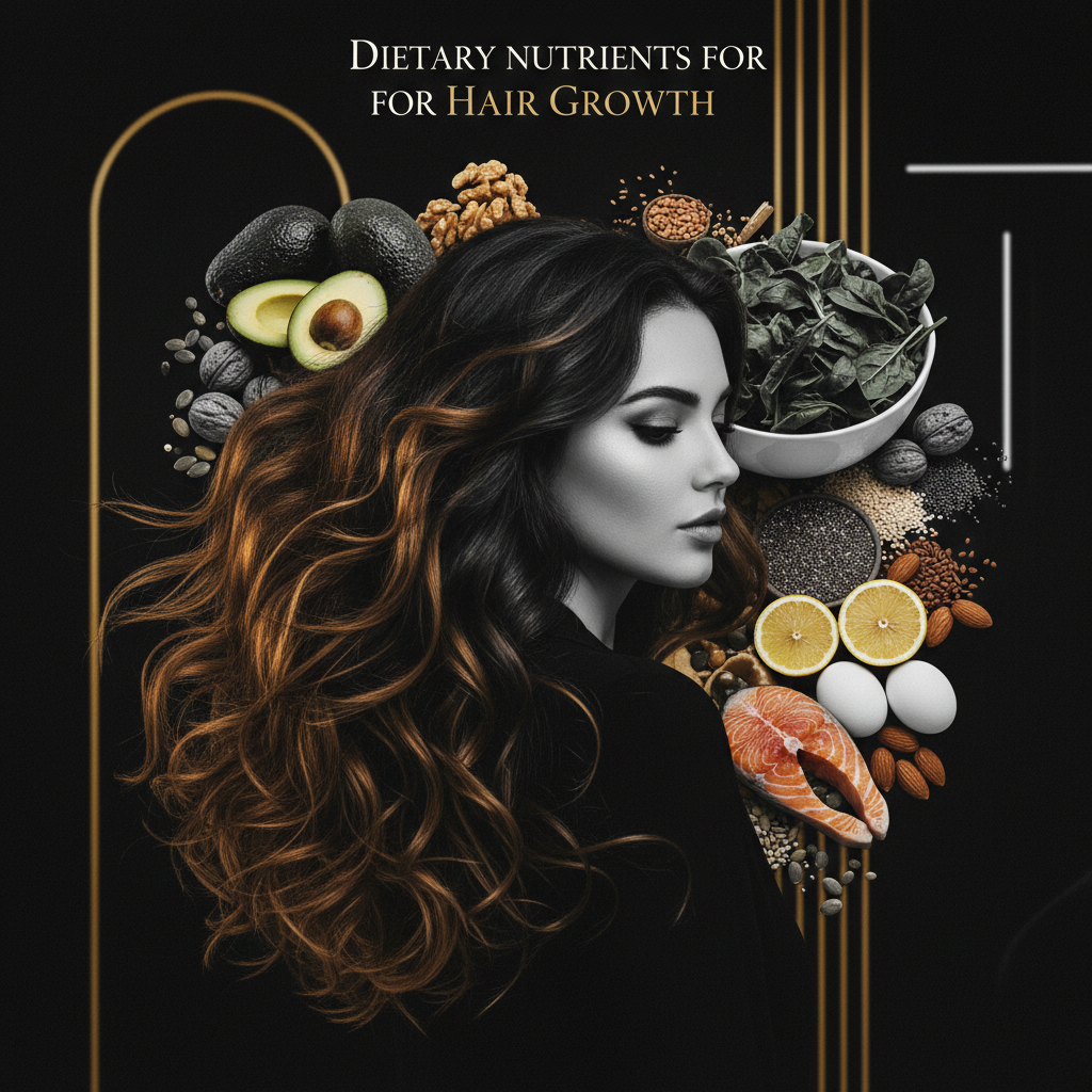 Selection of fresh foods providing essential dietary nutrients for hair growth on a rustic table