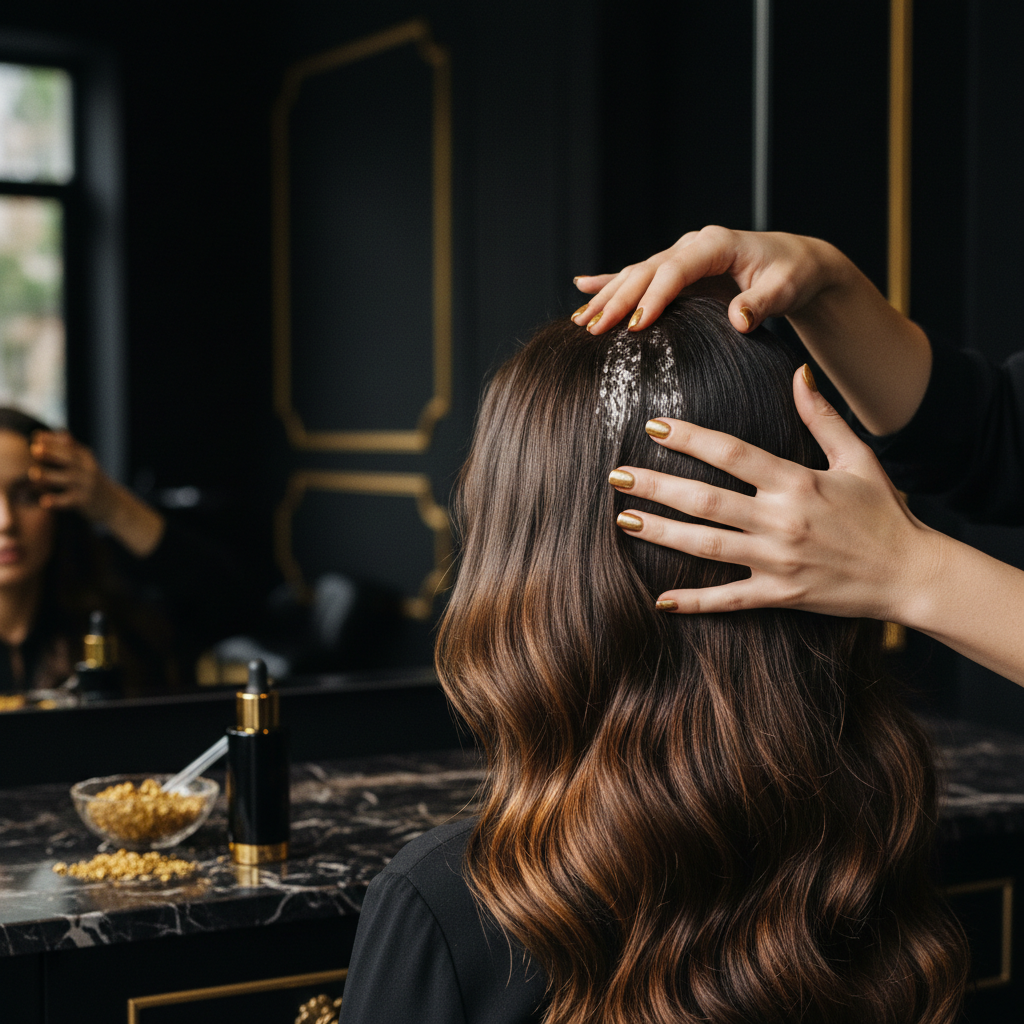Hands gently applying a soothing dry scalp treatment serum onto parted hair and skin