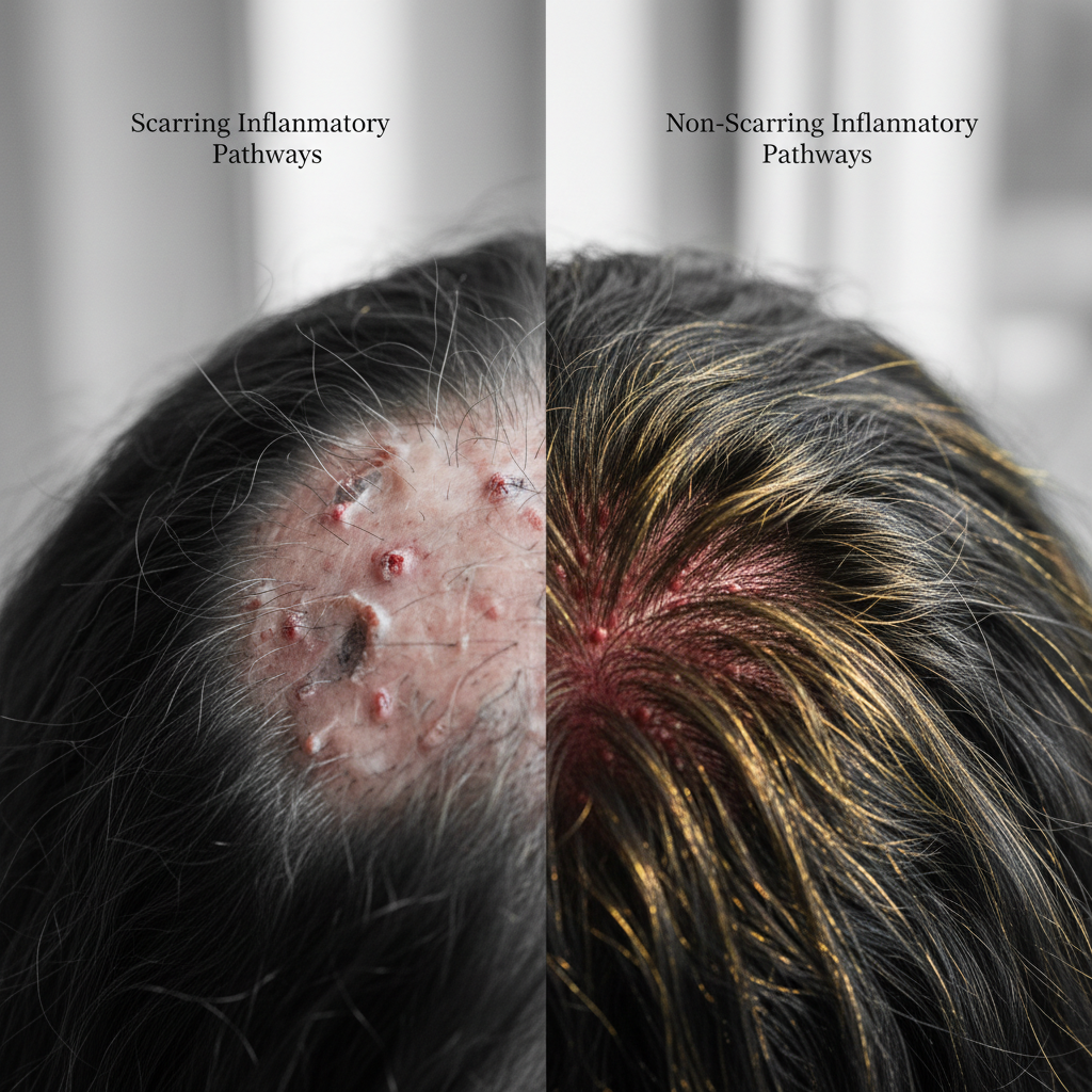 Scarring versus non-scarring inflammatory pathways in the context of Follicular Inflammation Mechanisms