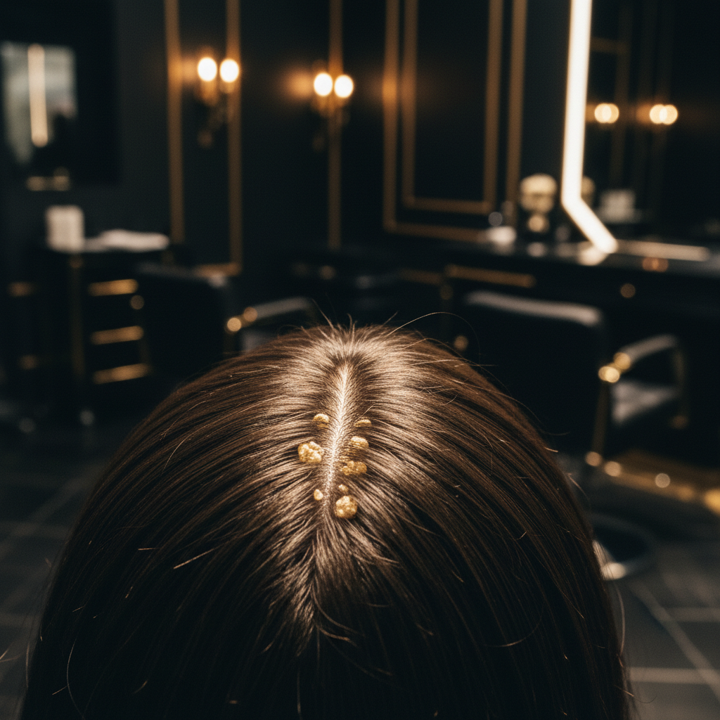 Clinical view of a scalp displaying follicular occlusion with congested pores and hair follicles.