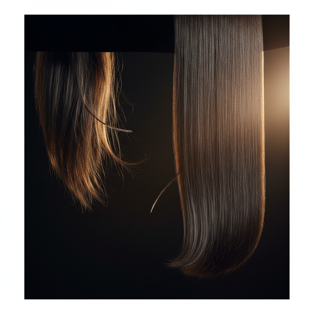 Close up view of hair fibres demonstrating Hair Breakage and Porosity under balanced lighting