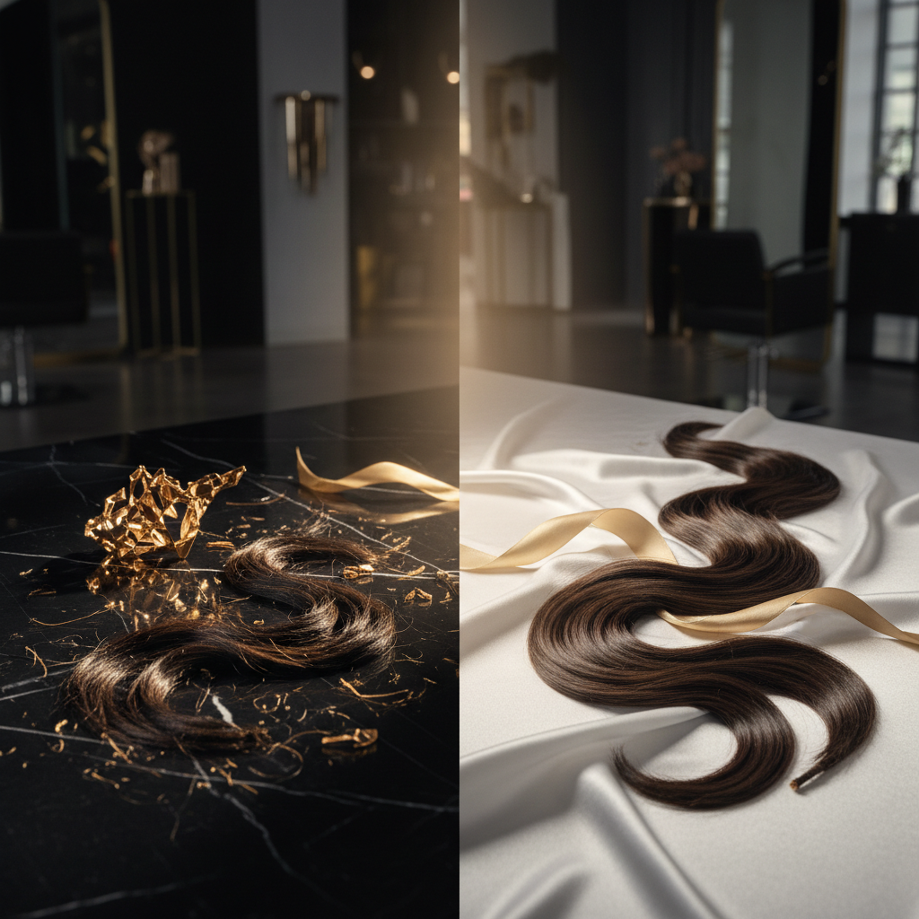 Close up comparison demonstrating Hair Breakage versus Hair Shedding showing root bulbs and split ends
