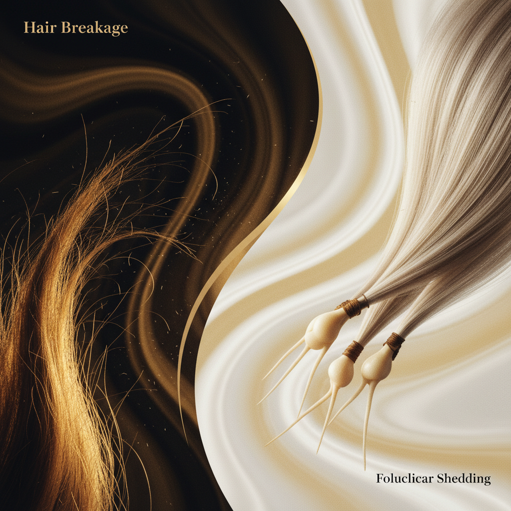 Close inspection of fallen hair strands demonstrating Hair Breakage vs Follicular Shedding with visible root bulbs.