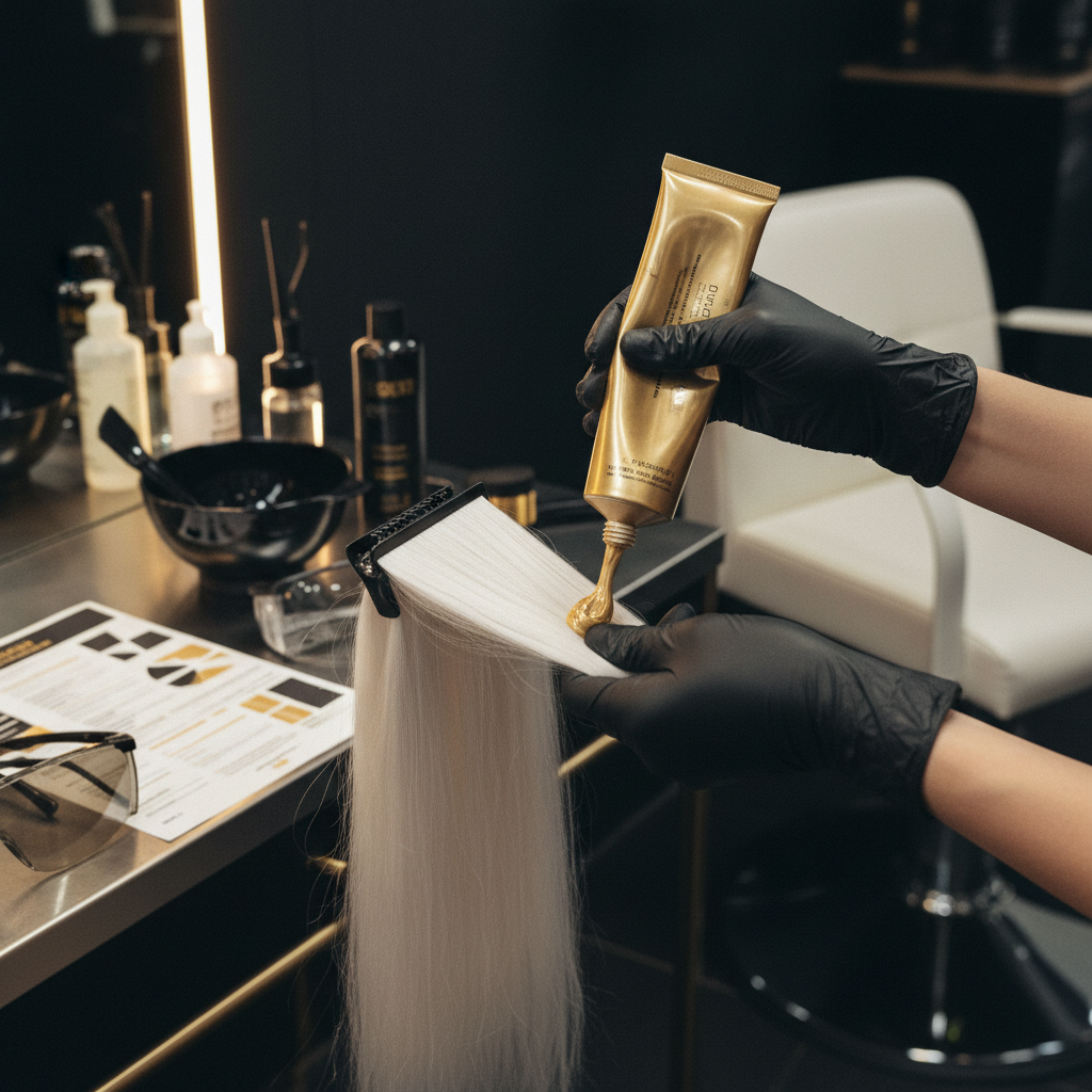 Professional stylist wearing nitrile gloves carefully applying hair dye to a client following Hair Colouring Safety protocols