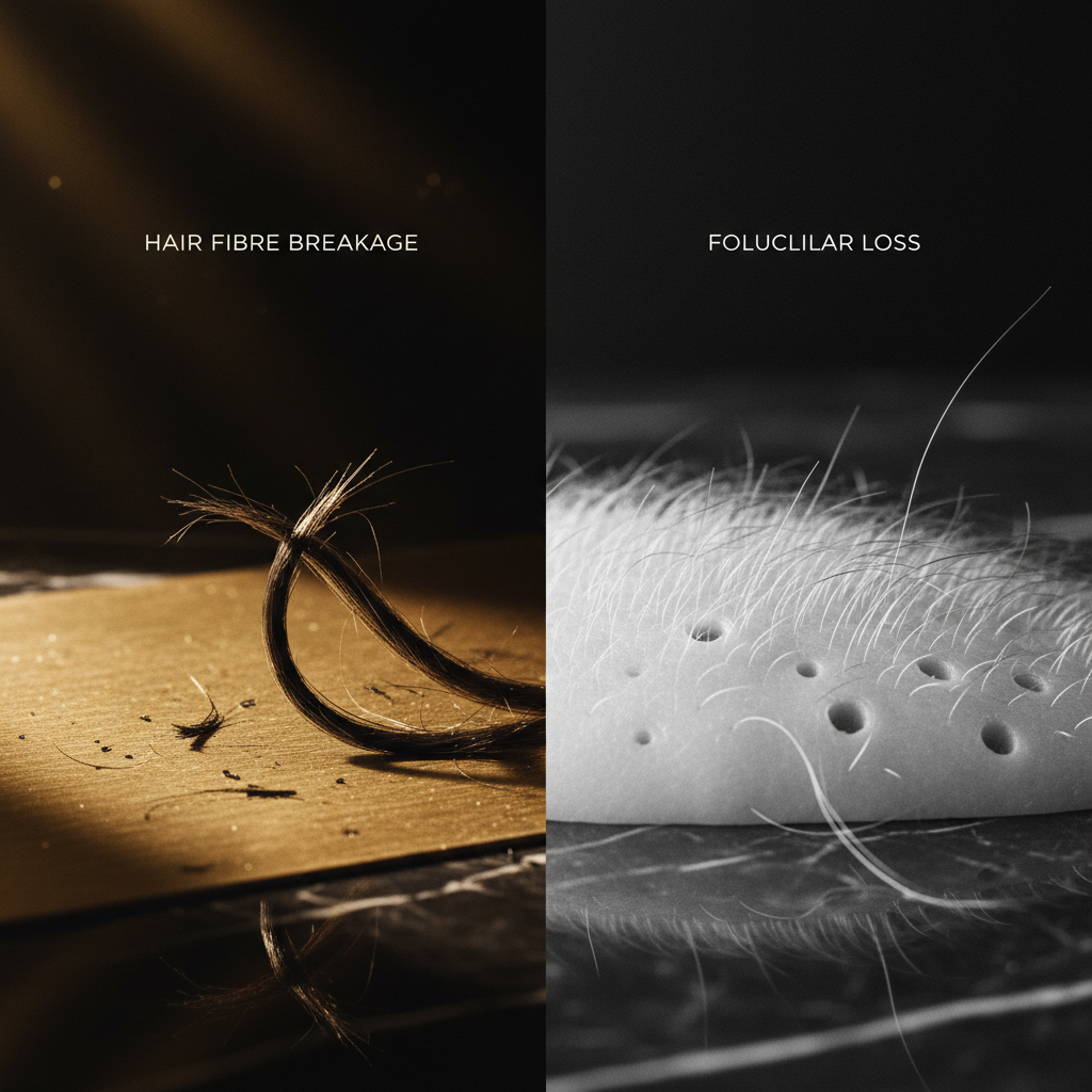 Stylist examining the difference between Hair Fibre Breakage vs Follicular Loss on a client