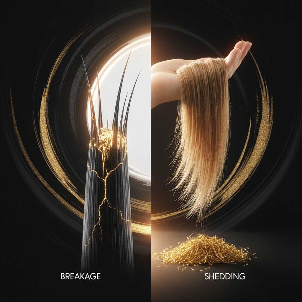 Stylist demonstrating understanding hair shaft breakage vs shedding by inspecting a single strand of hair under light.