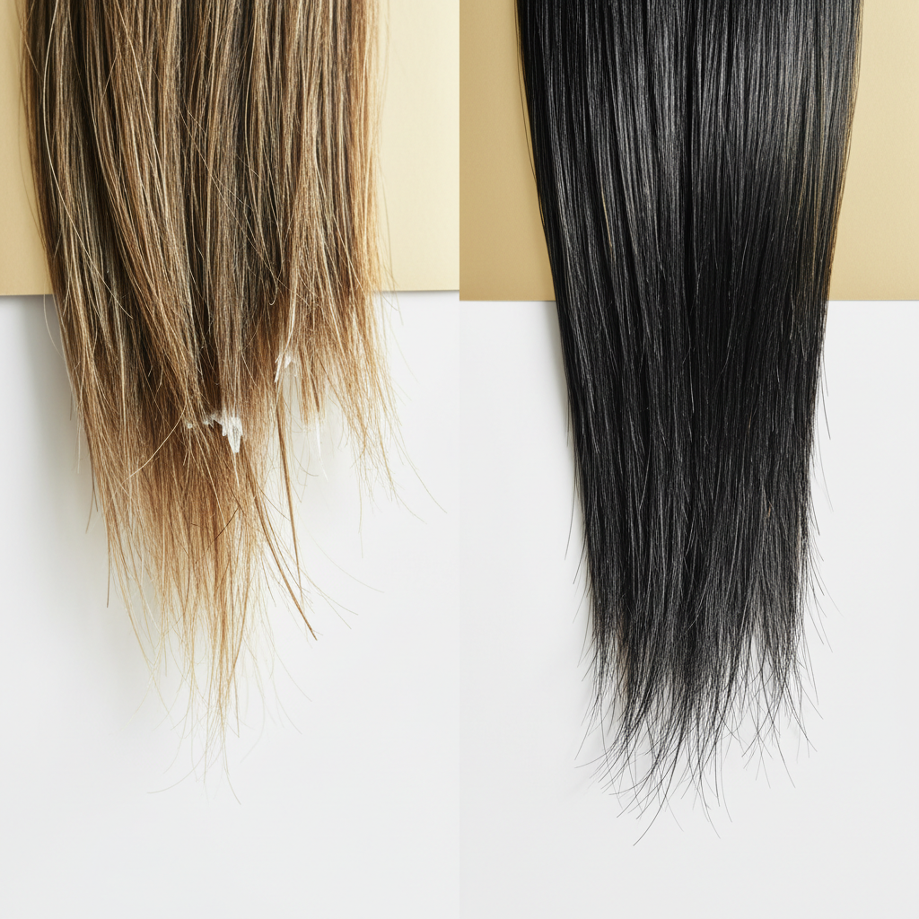 Signs of hair shaft damage compared to healthy fibres in the context of Hair Shaft Damage