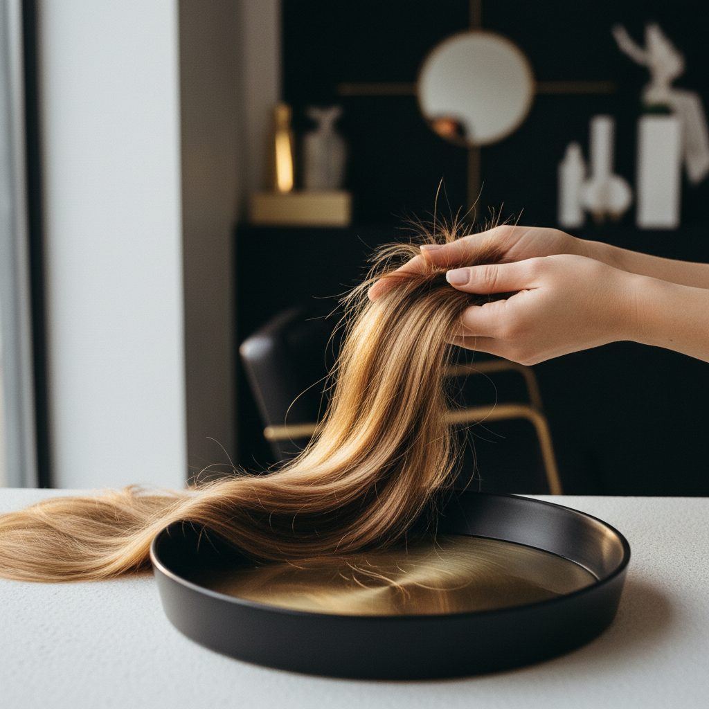A woman examining brush bristles for signs of hair shedding after colouring her hair