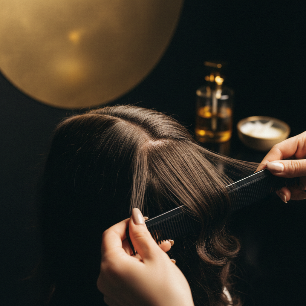 A person with visible hair thinning at the crown being examined during a trichology consultation.