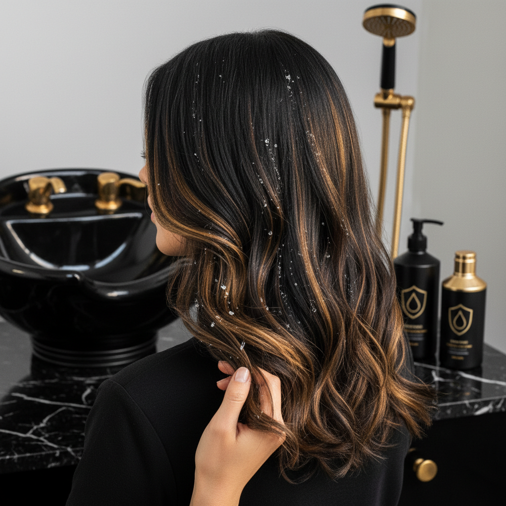 A woman washing hair under showerhead demonstrating Hard Water Hair Care techniques for mineral protection