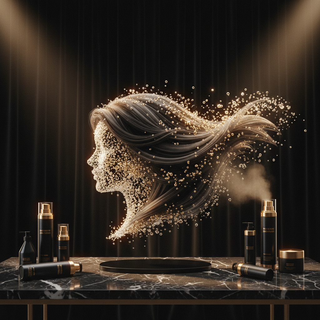 Close up of running tap water droplets splashing over healthy hair representing Hard Water Hair Care Guide.