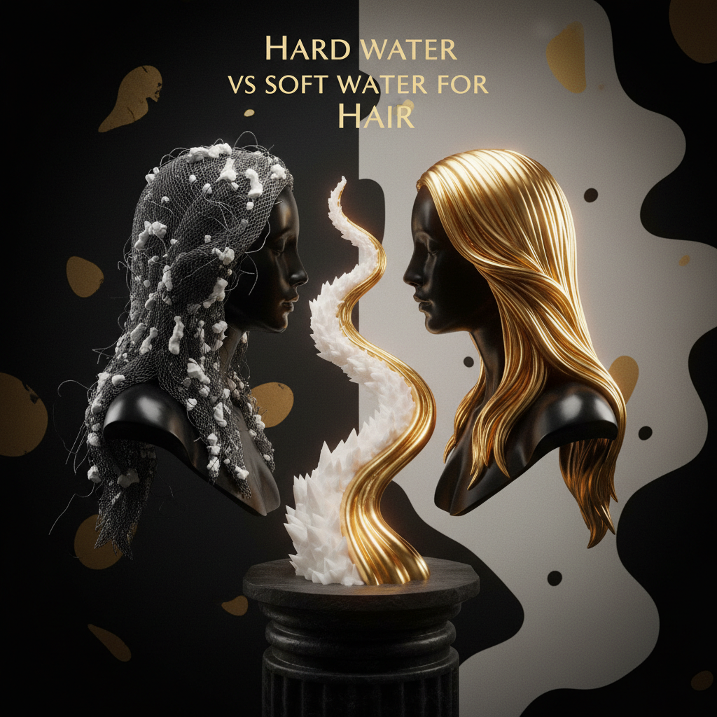 Hard Water vs Soft Water for Hair comparison showing mineral residue on hair fibres in bathroom