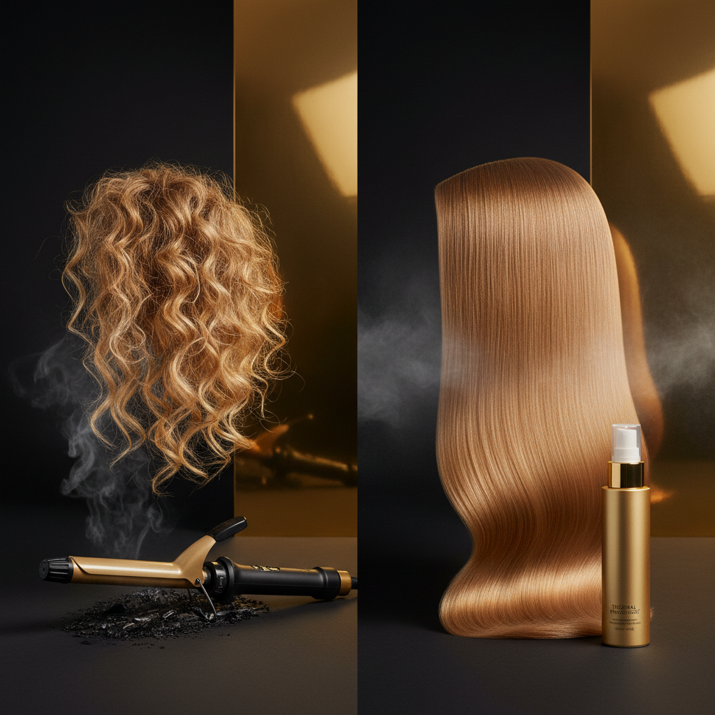 Professional stylist applying a thermal protection spray to client hair before heat styling, illustrating Heat Damage and Thermal Protection