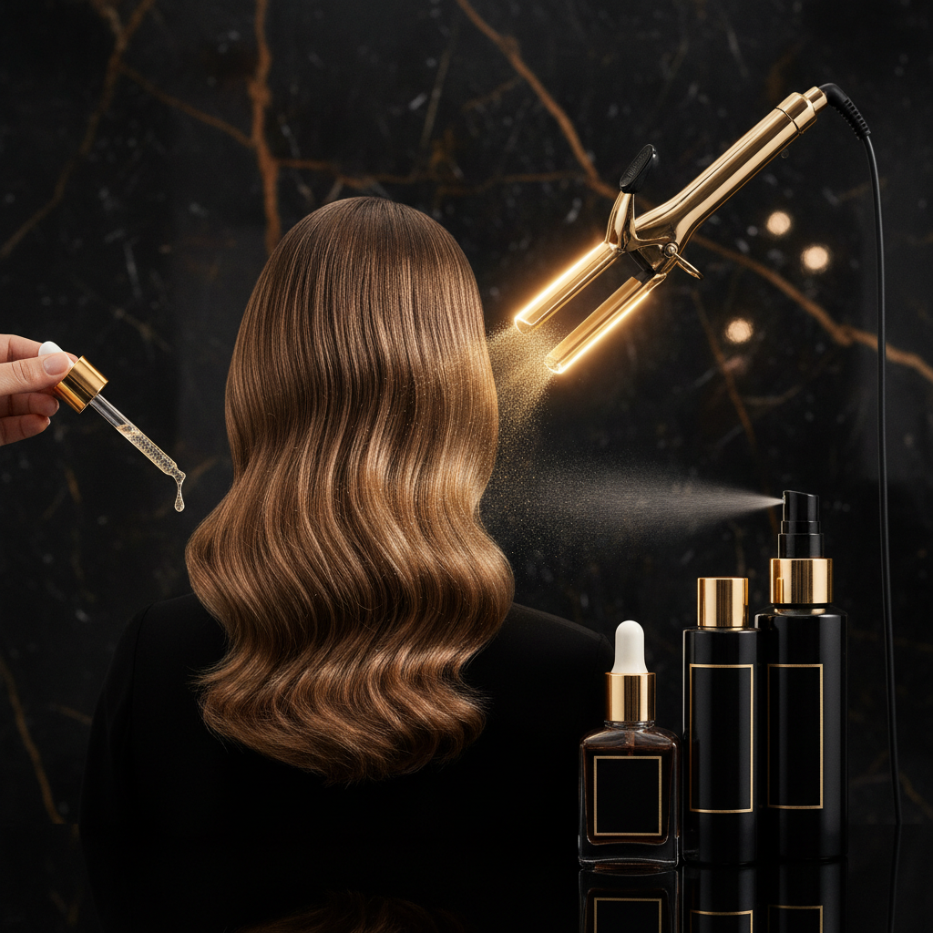 Stylist applying spray for Heat Protection and Hair Care before flat ironing damp hair.