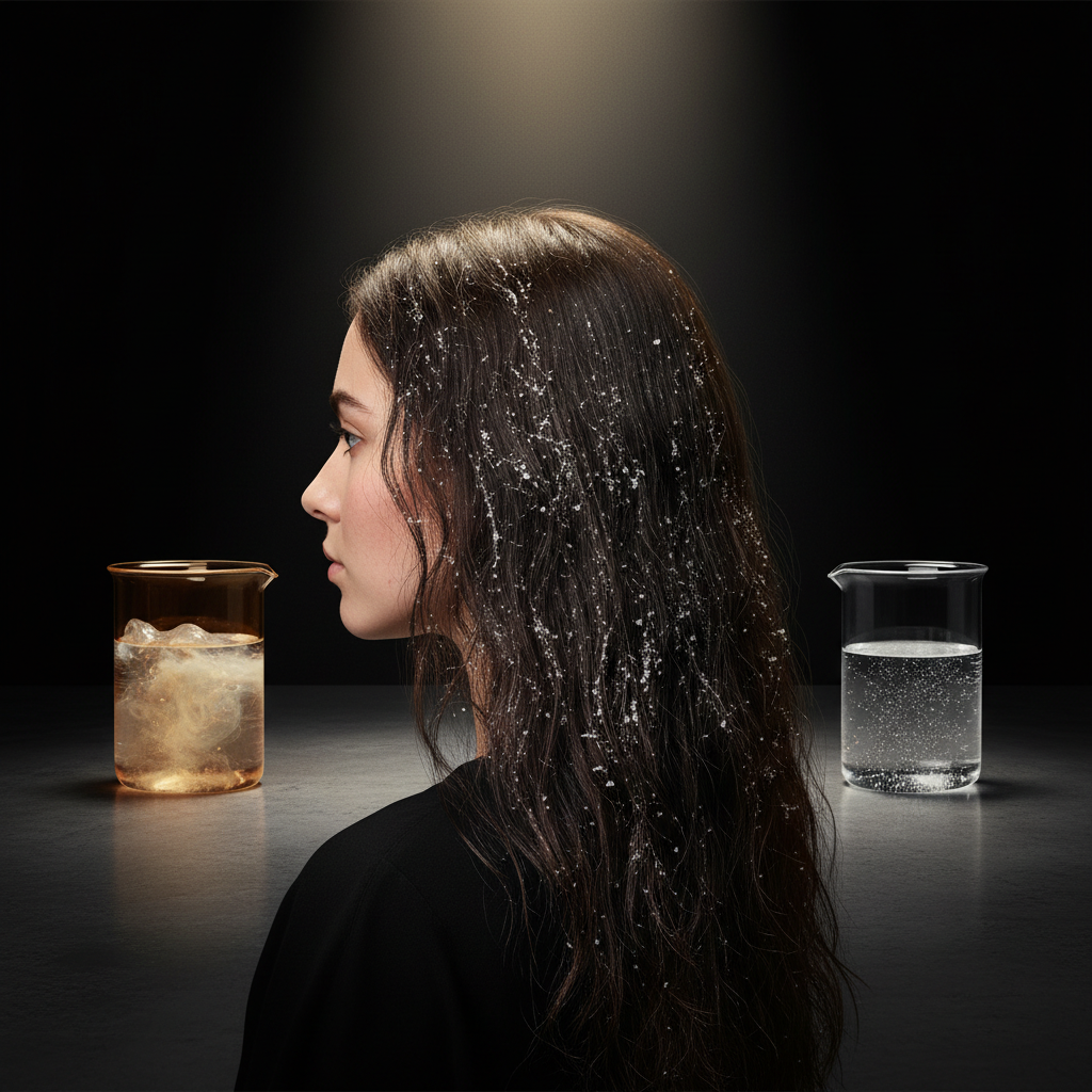 Close-up of human hair washing under shower stream illustrating how hard water affects hair and scalp.