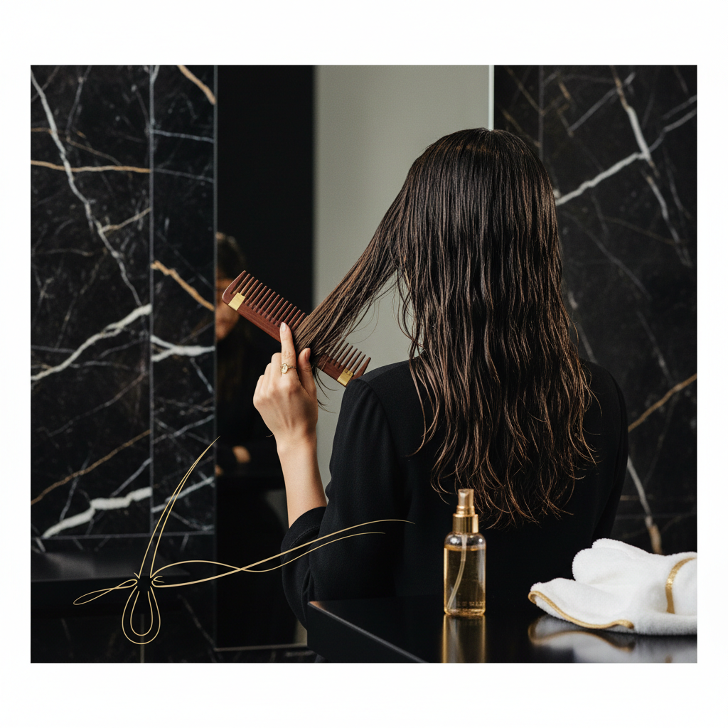 A close-up of gentle wide-tooth comb detangling to show how to stop wet hair breakage