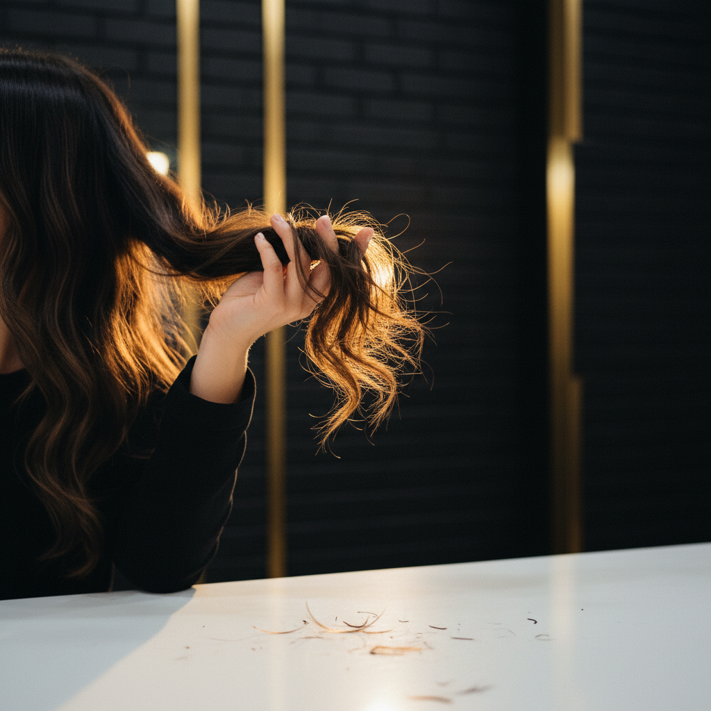 A stylist examining a strand to demonstrate how to identify hair breakage under direct studio light